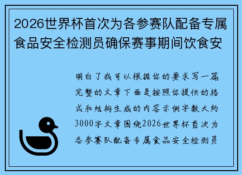 2026世界杯首次为各参赛队配备专属食品安全检测员确保赛事期间饮食安全 2026世界杯首次为各参赛队配备专属食品安全检测员确保赛事期间饮食安全